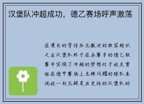 汉堡队冲超成功，德乙赛场呼声激荡