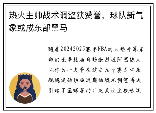 热火主帅战术调整获赞誉，球队新气象或成东部黑马