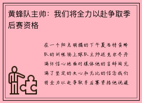黄蜂队主帅：我们将全力以赴争取季后赛资格